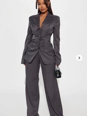 Charcoal Tie-Front Blazer & Wide-Leg Pants Set